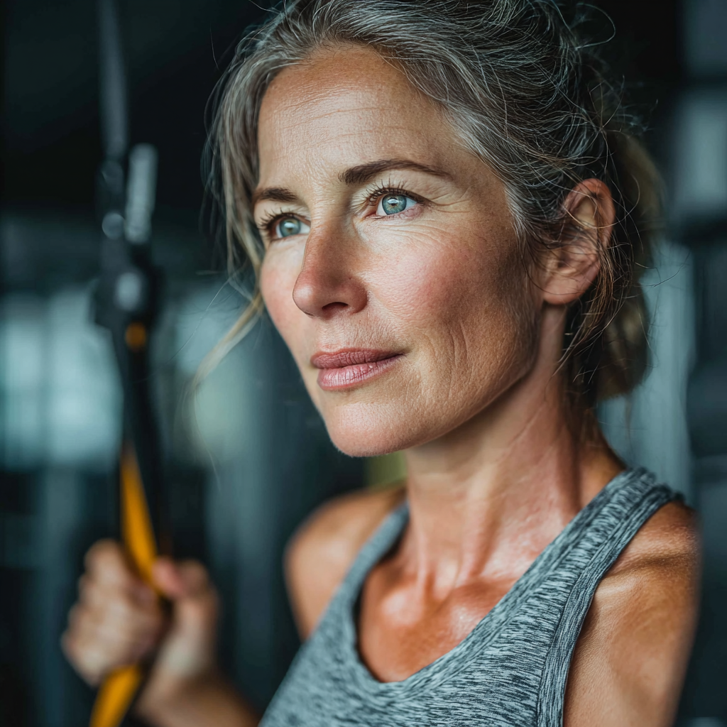 Confident middle-aged woman in athletic wear performing functional training exercise with resistance bands in a modern gym setting, demonstrating proper form and technique for mature adults aged 40-55