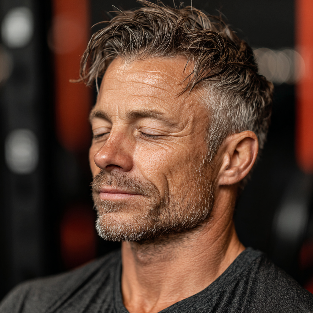 Professional mature fitness instructor in his late 40s demonstrating proper breathing technique during a functional movement exercise, showing focused concentration and expertise in a well-equipped training facility